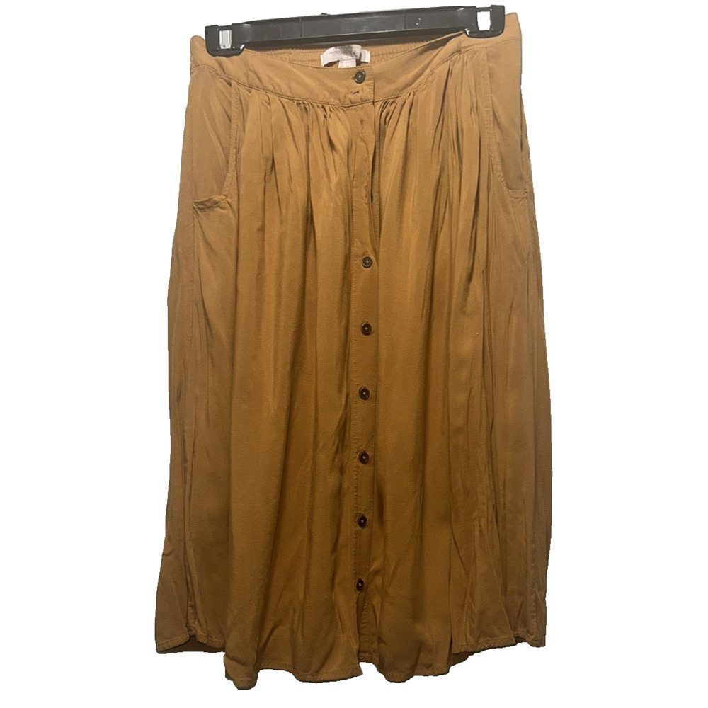 Forever 21 Women’s Mustard Button Front Midi Skirt Rayon A-Line Pockets Size M